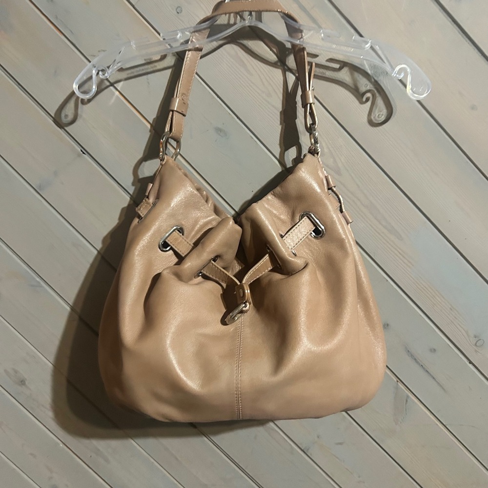 Cole Haan Leather Drawstring Shoulder Bag Bucket Purse Neutral Tan